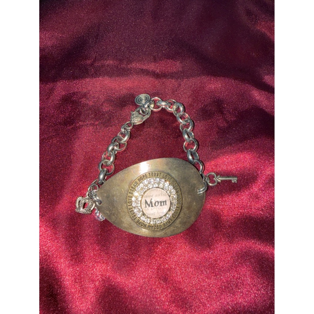 Brighton Mom Crystal Heart Crown Key Silver Tone Link Charm Bracelet Vintage